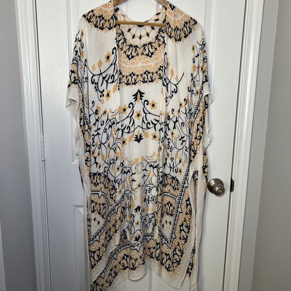 Janice Long Ruana Kimono Duster Cardigan Blue Yellow Boho Floral Hippie One Size - Picture 1 of 5